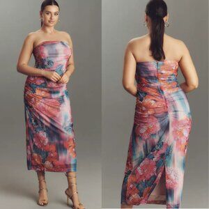 Anthropologie Soleil Slim Strapless Ruched Mesh Dress NWT Pink Multi Large